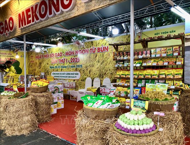 Nguyên liệu làm bánh từ gạo được trưng bày tại ngày hội. Ảnh: Mỹ Phương – TTXVN 