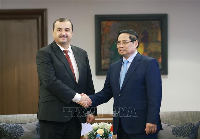 Thủ tướng Phạm Minh Chính tiếp ông Mohamed Arkab, Bộ trưởng Bộ Năng lượng Algeria. Ảnh: Dương Giang-TTXVN