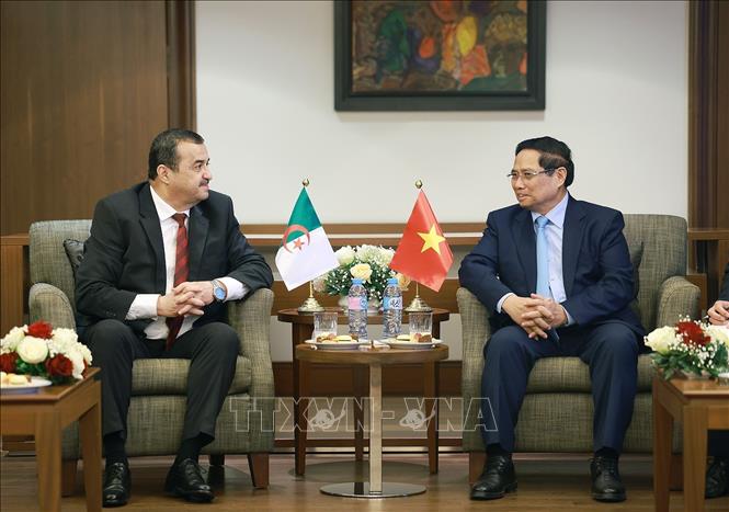Thủ tướng Phạm Minh Chính tiếp ông Mohamed Arkab, Bộ trưởng Bộ Năng lượng Algeria. Ảnh: Dương Giang-TTXVN