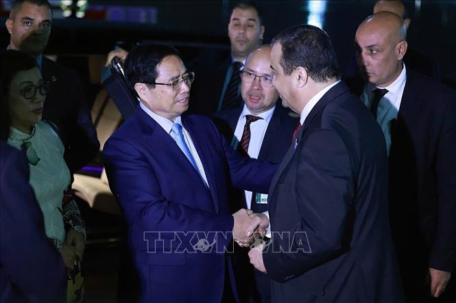 A see-off ceremony held for Prime Minister Pham Minh Chinh and his spouse at Houari Boumediene International Airport in Algiers. VNA Photo: Dương Giang