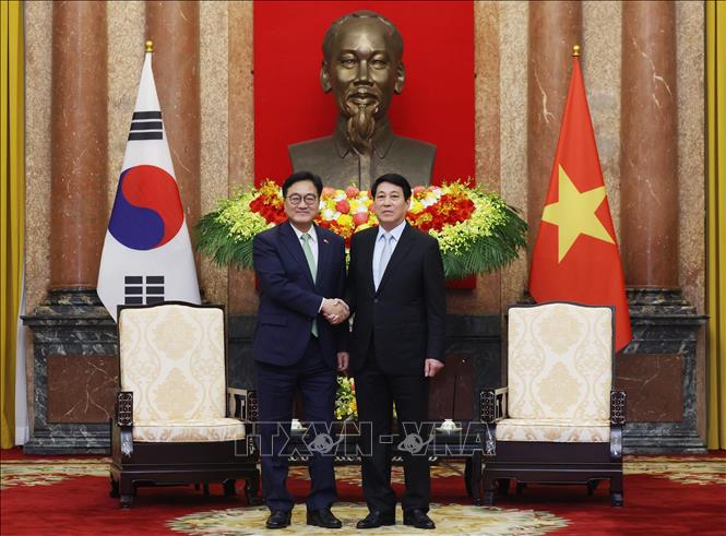 Chủ tịch nước Lương Cường tiếp Chủ tịch Quốc hội Hàn Quốc Woo Won Shik. Ảnh: Lâm Khánh - TTXVN