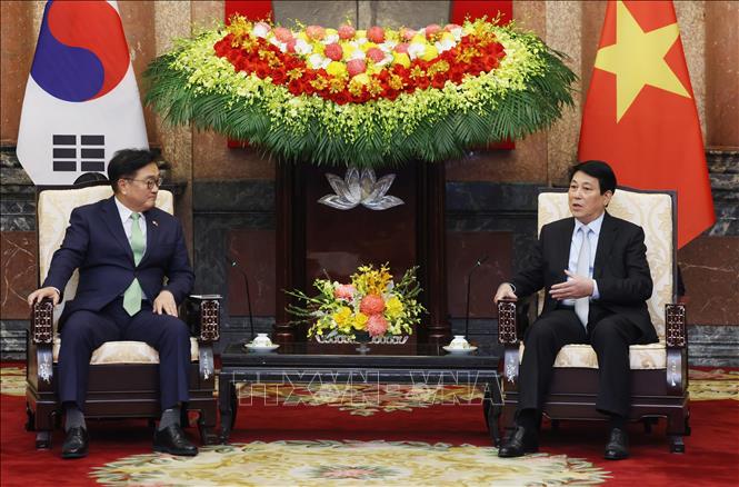 Chủ tịch nước Lương Cường tiếp Chủ tịch Quốc hội Hàn Quốc Woo Won Shik. Ảnh: Lâm Khánh - TTXVN