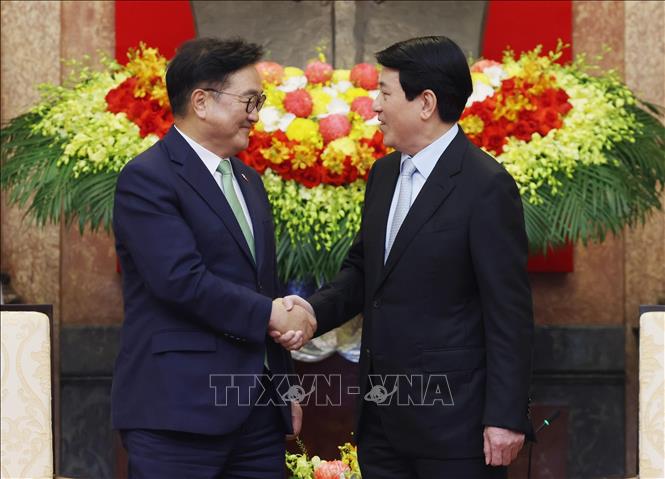 State President Luong Cuong welcomes Speaker of the National Assembly of the Republic of Korea (RoK) Woo Won Shik. VNA Photo: Lâm Khánh