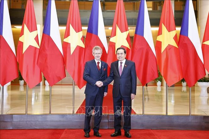 Chairman of the National Assembly Tran Thanh Man welcomes President of the Senate of the Czech Parliament Milos Vystrci. VNA Photo: Doãn Tấn
