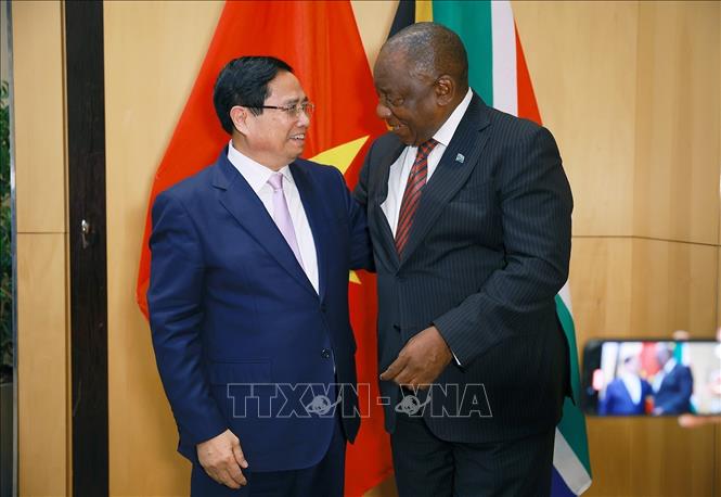 Thủ tướng Phạm Minh Chính hội kiến Tổng thống Cộng hòa Nam Phi, Chủ tịch G20 năm 2025, Matamela Cyril Ramaphosa. Ảnh: Dương Giang-TTXVN 