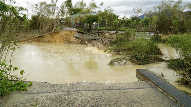 Thân đê bị vỡ khoảng 30m, cao 3m và rộng 4m. Ảnh: Sỹ Thắng-TTXVN