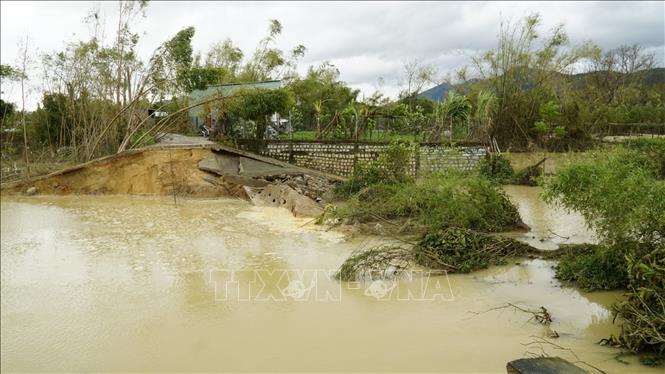 Thân đê bị vỡ khoảng 30m, cao 3m và rộng 4m. Ảnh: Sỹ Thắng-TTXVN