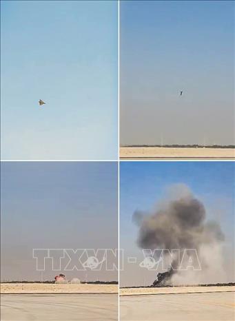 Hiện trường vụ rơi máy bay chiến đấu Tejas của Ấn Độ tại Triển lãm Hàng không Dubai, UAE, ngày 21/11/2025. Ảnh: ANI/TTXVN