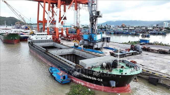 Tàu vào cảng Quy Nhơn bốc xếp hàng xuất nhập khẩu. Ảnh: Vũ Sinh - TTXVN