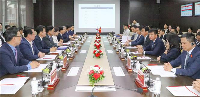 Chủ tịch Quốc hội Hàn Quốc Woo Won Shik làm việc với lãnh đạo Nhà máy Hyundai Thành Công.  Ảnh: Công Luật - TTXVN
