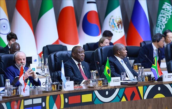 Tổng thống Cộng hòa Nam Phi, Chủ tịch G20 năm 2025, Matamela Cyril Ramaphosa phát biểu. Ảnh: Dương Giang-TTXVN