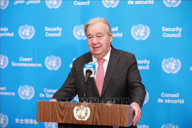 Tổng Thư ký Liên hợp quốc Antonio Guterres phát biểu với báo giới tại New York, Mỹ. Ảnh: THX/TTXVN