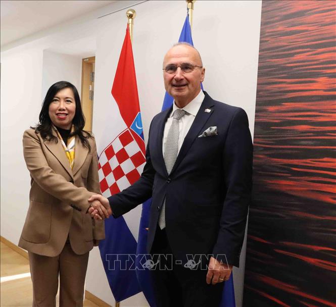 Thứ trưởng Bộ Ngoại giao Lê Thị Thu Hằng và Bộ trưởng Ngoại giao Croatia, Gordan Grlić Radman. Ảnh: Hương Giang - PV TTXVN tại Bỉ 