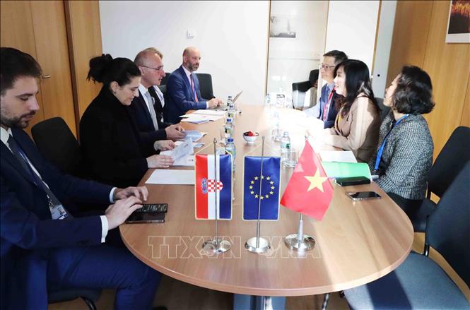 Thứ trưởng Bộ Ngoại giao Lê Thị Thu Hằng làm việc với Bộ trưởng Ngoại giao Croatia, Gordan Grlić Radman. Ảnh: Hương Giang - PV TTXVN tại Bỉ 