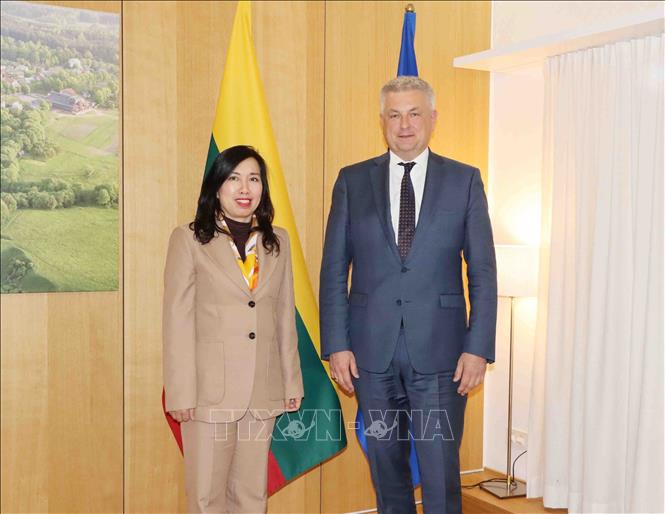 Thứ trưởng Bộ Ngoại giao Lê Thị Thu Hằng và Thứ trưởng Ngoại giao Litva, Vidmantas Verbickas. Ảnh: Hương Giang - PV TTXVN tại Bỉ