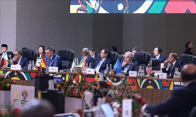 Thủ tướng Phạm Minh Chính tham dự và phát biểu tại Phiên toàn thể Hội nghị Thượng đỉnh G20. Ảnh: Dương Giang-TTXVN