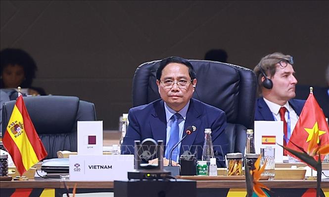 Thủ tướng Phạm Minh Chính phát biểu tại Phiên toàn thể Hội nghị Thượng đỉnh G20. Ảnh: Dương Giang-TTXVN
