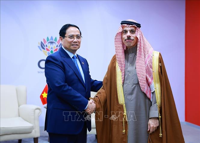 Thủ tướng Phạm Minh Chính tiếp Bộ trưởng Ngoại giao Ả rập Xê-út Faisal bin Farhan Al Saud. Ảnh: Dương Giang-TTXVN 
