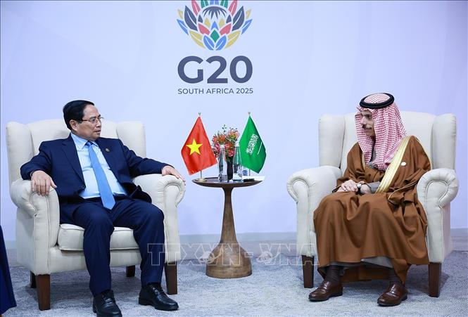 Thủ tướng Phạm Minh Chính tiếp Bộ trưởng Ngoại giao Ả rập Xê-út Faisal bin Farhan Al Saud. Ảnh: Dương Giang-TTXVN 