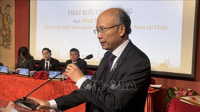 Đại sứ Việt Nam tại Pháp Đinh Toàn Thắng phát biểu tại Đại hội Hội Thanh niên Sinh viên Việt Nam tại Pháp (UEVF) lần thứ XI, nhiệm kỳ 2025-2027. Ảnh: Hữu Chiến - PV TTXVN tại Pháp