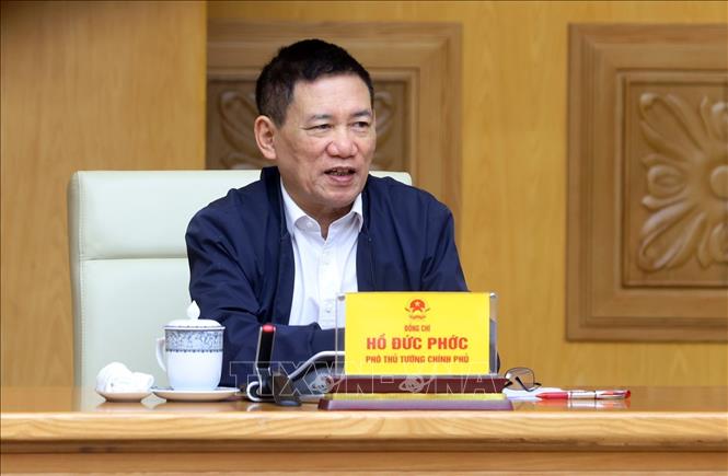 Phó Thủ tướng Hồ Đức Phớc phát biểu tại điểm cầu trụ sở Chính phủ. Ảnh: Phạm Kiên - TTXVN