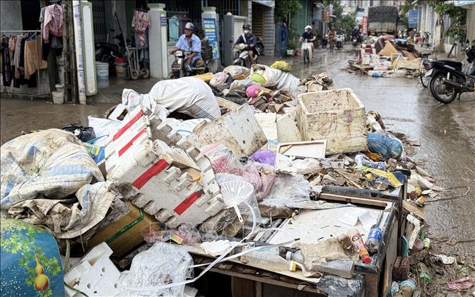 Hàng trăm tấn rác trôi dạt trong vùng ngập lũ của phường Tuy Hoà. Ảnh: Tường Quân - TTXVN
