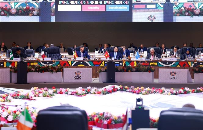 Thủ tướng Phạm Minh Chính phát biểu tại Phiên thảo luận III Hội nghị Thượng đỉnh G20. Ảnh: Dương Giang-TTXVN 
