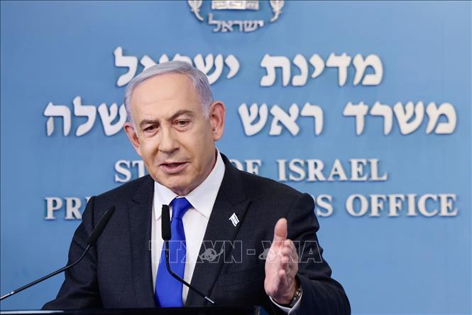 Thủ tướng Israel Benjamin Netanyahu phát biểu trong một cuộc họp báo tại Jerusalem. Ảnh: THX/TTXVN