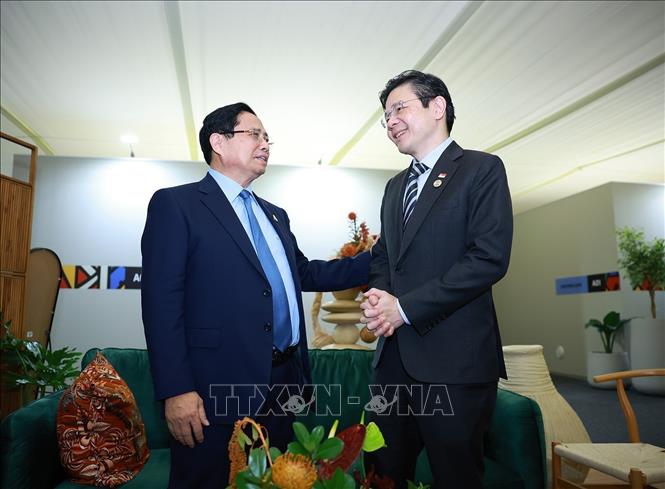 Vietnamese Prime Minister Pham Minh Chinh meets Singaporean Prime Minister Lawrence Wong. VNA Photo: Dương Giang