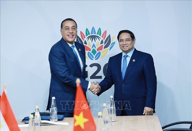 Vietnamese Prime Minister Pham Minh Chinh meets Egyptian Prime Minister Mostafa Madbouly. VNA Photo: Dương Giang