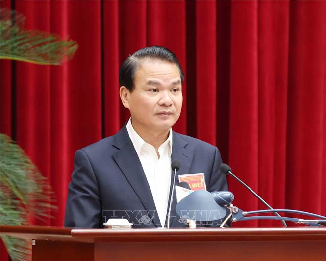 Đồng chí Đặng Xuân Phong, Ủy viên Trung ương Đảng, Bí thư Tỉnh ủy Ninh Bình tham luận tại hội nghị. Ảnh: Phương Hoa - TTXVN