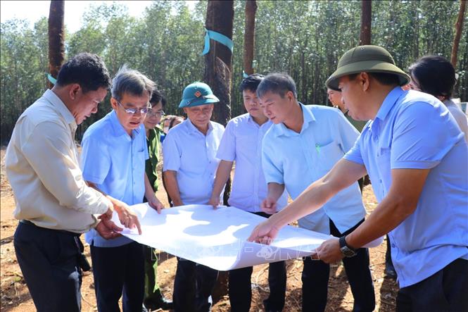 Lãnh đạo xã Đồng Tâm, tỉnh Đồng Nai khảo sát tiến độ giải phóng mặt bằng Dự án Đầu tư xây dựng đường cao tốc Bắc - Nam phía Tây đoạn Gia Nghĩa (Lâm Đồng) - Chơn Thành (Đồng Nai). Ảnh: Nhật Bình – TTXVN.