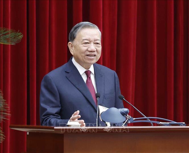 Party General Secretary To Lam speaks at the national conference. VNA Photo
