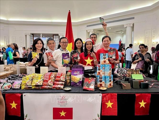 Đại sứ Trịnh Thị Tâm cùng cán bộ và phu nhân, phu quân của Đại sứ quán Việt Nam tại Sri Lanka chụp ảnh lưu niệm tại gian hàng. Ảnh: TTXVN phát