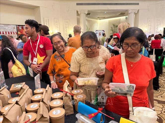 Khách quốc tế tham quan gian hàng Việt Nam tại hội chợ. Ảnh: TTXVN phát