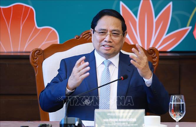 Thủ tướng Phạm Minh Chính phát biểu tại cuộc tiếp đoàn đại biểu địa phương Nhật Bản. Ảnh: Dương Giang-TTXVN
