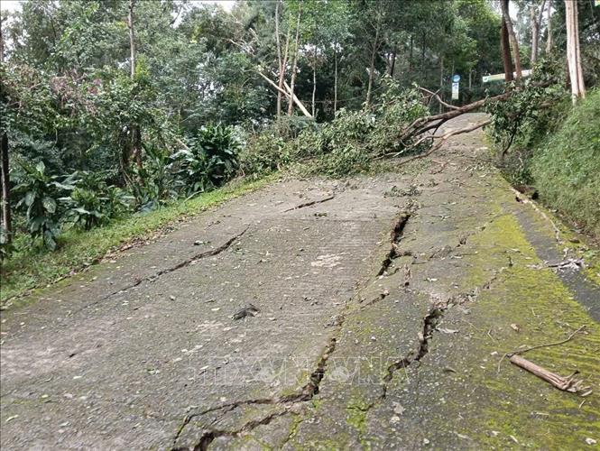 Các vết nứt lớn tại khu vực có nguy cơ sạt lở ở đồi Yang Yeh, xã Hòa Sơn, tỉnh Đắk Lắk Ảnh: TTXVN phát