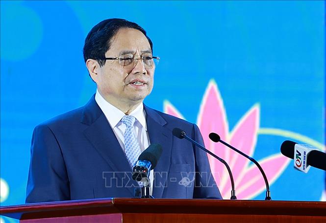 Thủ tướng Phạm Minh Chính phát biểu tại Diễn đàn hợp tác địa phương Việt Nam-Nhật Bản. Ảnh: Dương Giang-TTXVN
