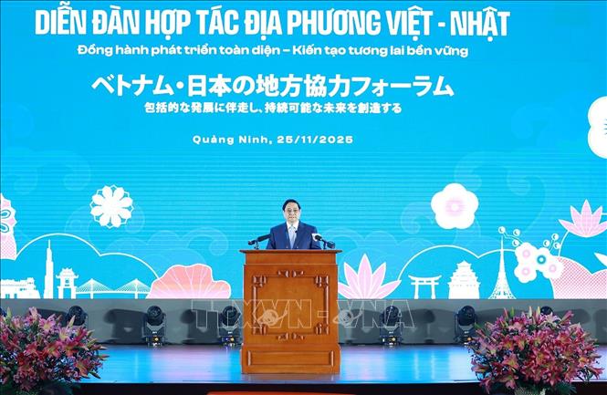 Thủ tướng Phạm Minh Chính phát biểu tại Diễn đàn hợp tác địa phương Việt Nam-Nhật Bản. Ảnh: Dương Giang-TTXVN
