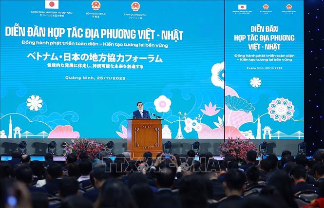 Thủ tướng Phạm Minh Chính phát biểu tại Diễn đàn hợp tác địa phương Việt Nam-Nhật Bản. Ảnh: Dương Giang-TTXVN
