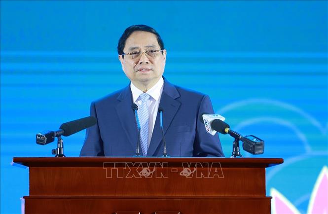 Thủ tướng Phạm Minh Chính phát biểu tại Diễn đàn hợp tác địa phương Việt Nam-Nhật Bản. Ảnh: Dương Giang-TTXVN
