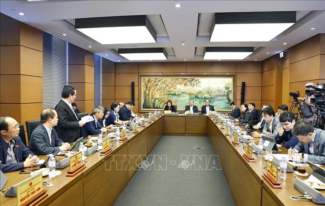 Đoàn đại biểu Quốc hội TP Hà Nội thảo luận ở tổ. Ảnh: Doãn Tấn - TTXVN