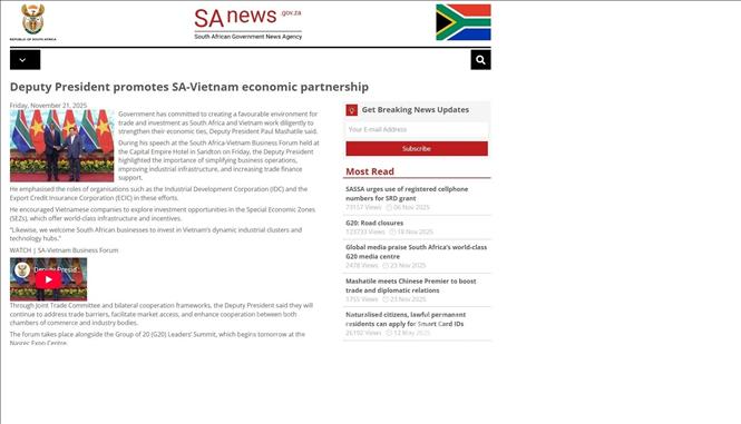 Bài đăng về Thủ tướng Phạm Minh Chính trên trang của chính phủ Nam Phi SAnews.gov.za. Ảnh: TTXVN phát