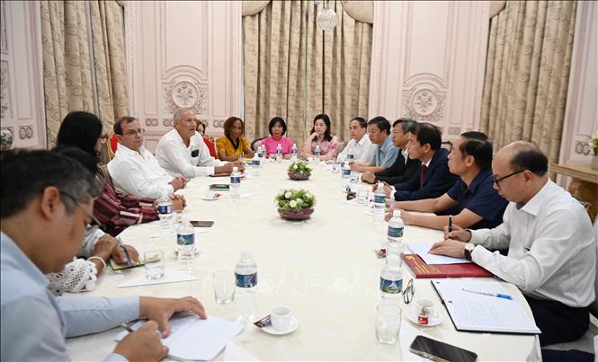 Đoàn công tác trong cuộc gặp với Chủ tịch Viện Cuba Hữu nghị với các dân tộc Fernando González Llort. Ảnh: Việt Hùng - PV TTXVN tại Cuba 