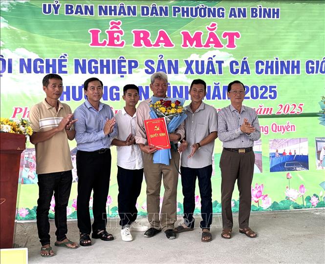 Đảng uỷ, UBND phường An Bình trao quyết định thành lập Tổ hội nghề nghiệp sản xuất cá chình giống. Ảnh: Hồng Nhung - TTXVN