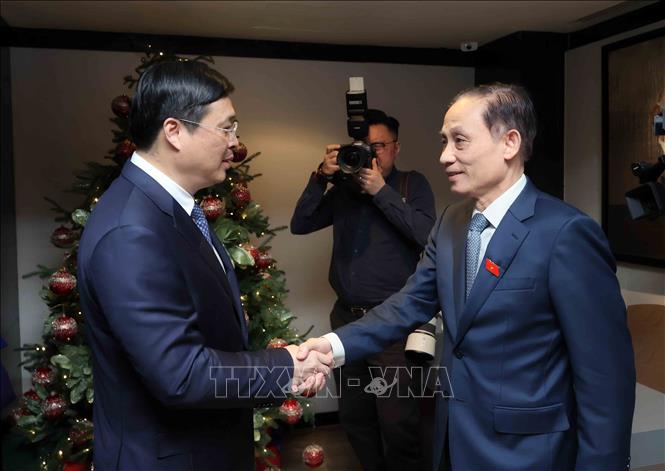 Đồng chí Lê Hoài Trung, Bí thư Trung ương Đảng, Bộ trưởng Ngoại giao đón đồng chí Vi Thao, Chủ tịch Khu tự trị dân tộc Choang, Quảng Tây (Trung Quốc). Ảnh: An Đăng - TTXVN