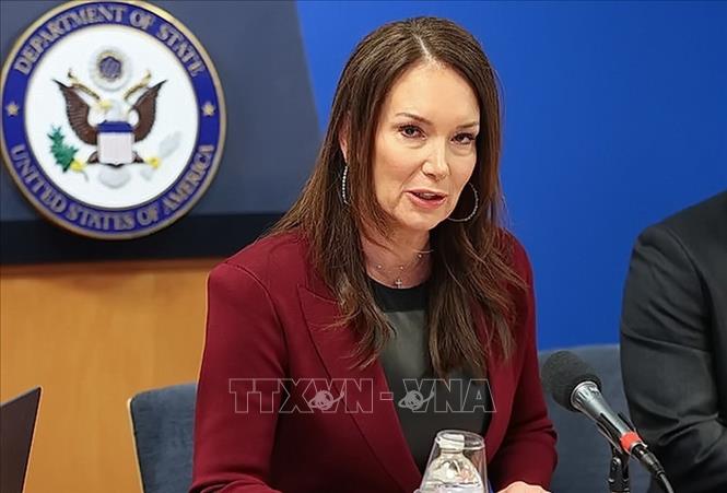 Bộ trưởng Nông nghiệp Mỹ Brooke Rollins phát biểu tại buổi họp báo. Ảnh: Lê Hoàng - Phóng viên TTXVN tại Mỹ