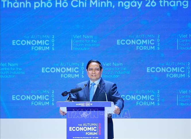 Thủ tướng Phạm Minh Chính tham dự và phát biểu tại Diễn đàn Kinh tế mùa thu 2025. Ảnh: Dương Giang-TTXVN 
