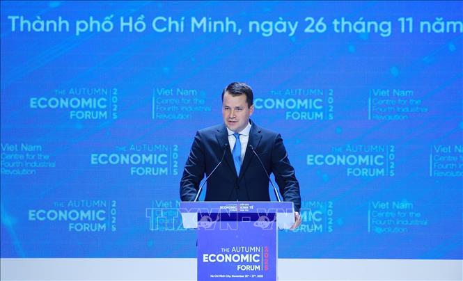 Giám đốc điều hành Diễn đàn Kinh tế thế giới (WEF) Stephan Mergenthaler phát biểu. Ảnh: Dương Giang-TTXVN 
