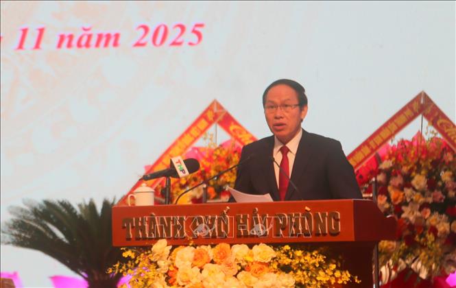Ông Lê Tiến Châu, Bí thư Thành ủy Hải Phòng, phát biểu. Ảnh: Minh Thu - TTXVN